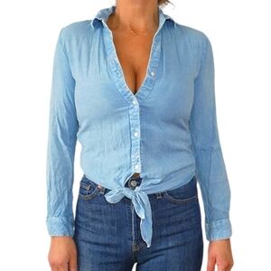 Style Envy Button Up Twist Hem Long Sleeve Blouse Small Light Blue